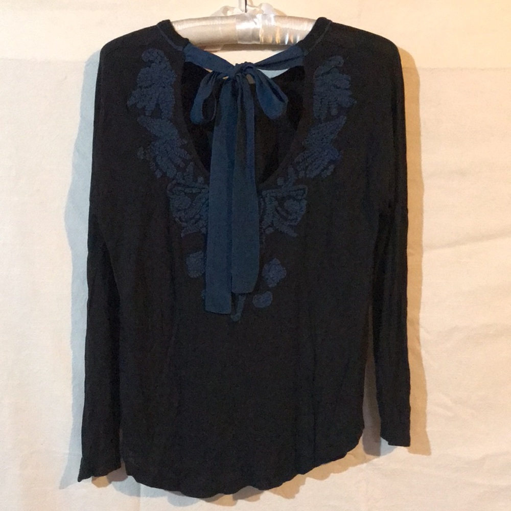 Anthropologie embroidered top. Black with slate blue embroidery and ribbon.